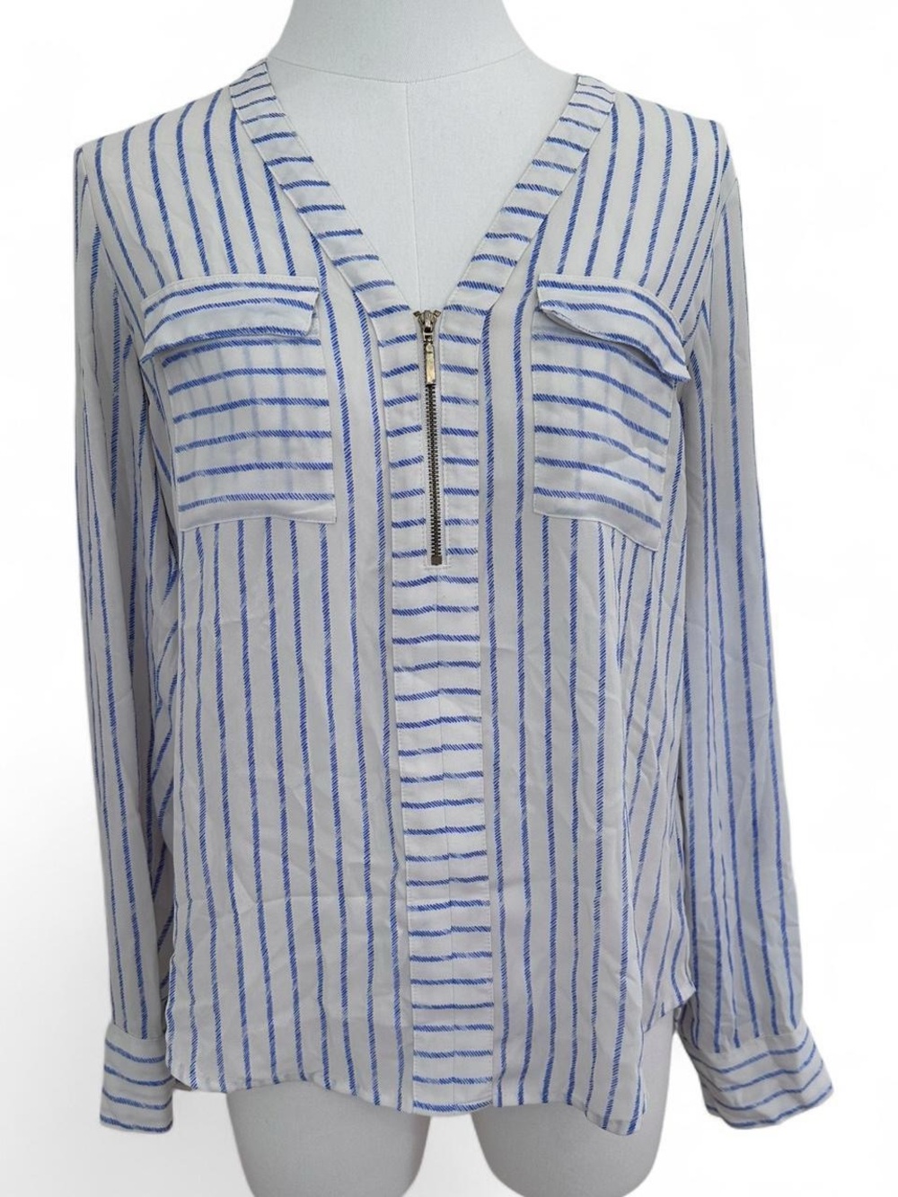 Express Women's Striped Blue and White V-Neck Zip Front Top - Small